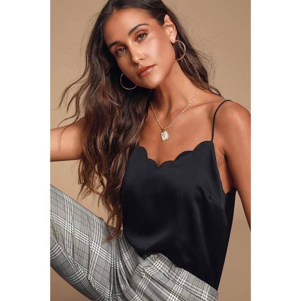 Lulus Initiate Black Satin Scalloped Cami Top - Size S